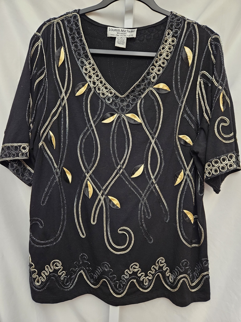 Lauren Michelle Black V-Neck Short Sleeve Top with Gold Leaf Accents